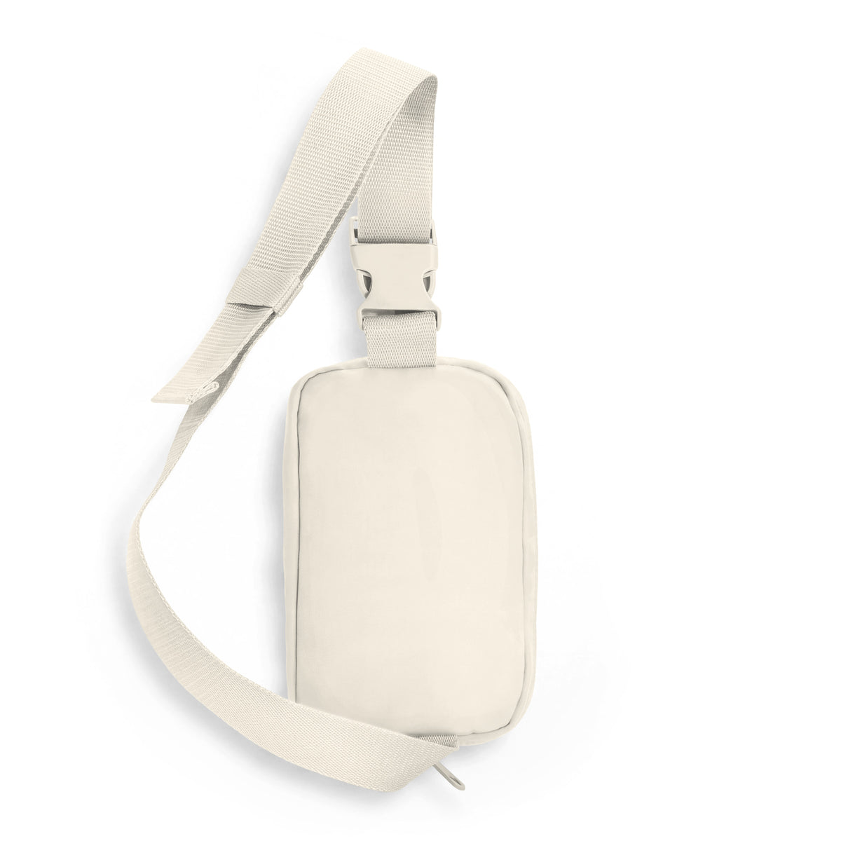 A cream-colored rectangular sling bag back with an adjustable webbing strap.