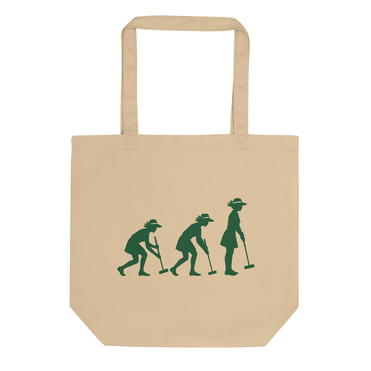 A beige te bag with a dark green graphic three stages of croquet graphic