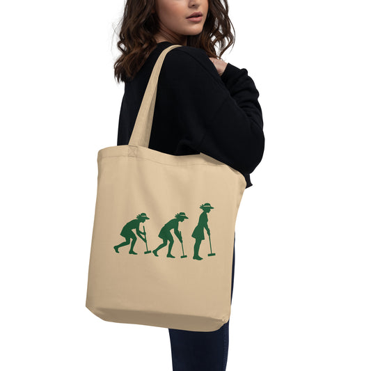 Beige tote bag with the three statge of croquet graphc