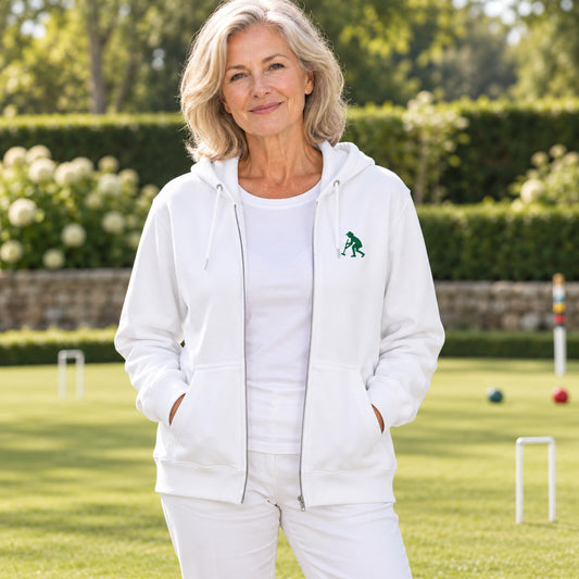 A woman wearing a white zip-up hoodie with a sLady Striker embroidered logo on the left chest.