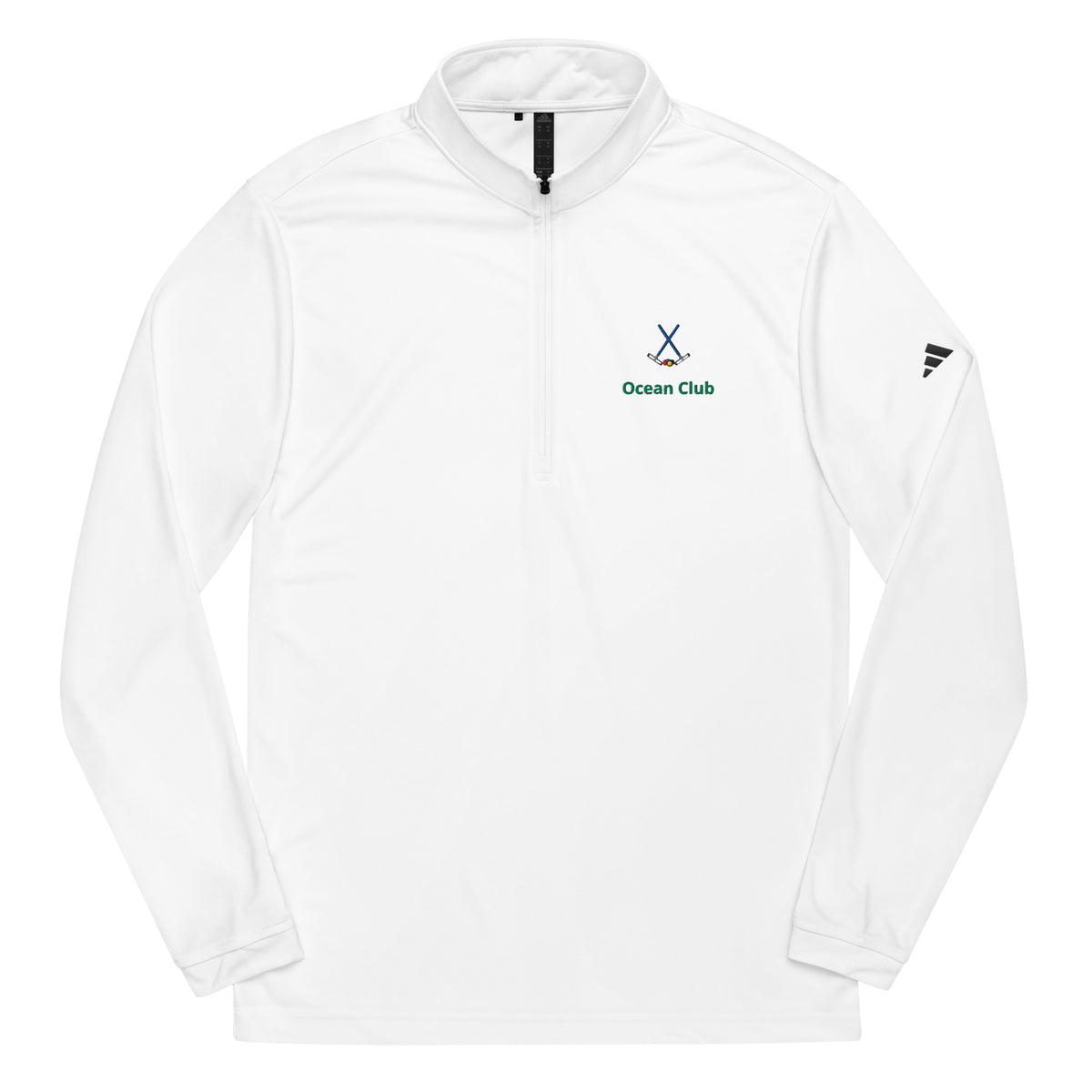 quarter-zip white pullover with a Crossed Mallets croquet logo.