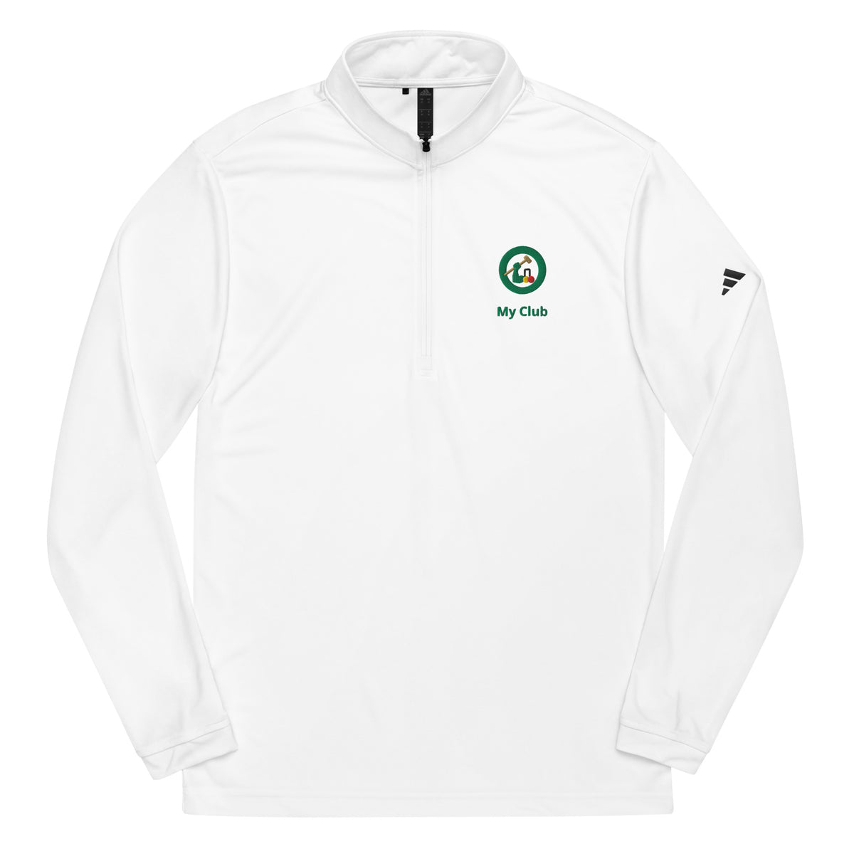 quarter-zip white pullover with a Arm & Mallet croquet logo.