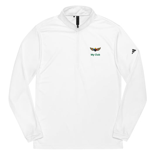 White long-sleeve quarter zip croquet shirt with a winged croquet balls logo.