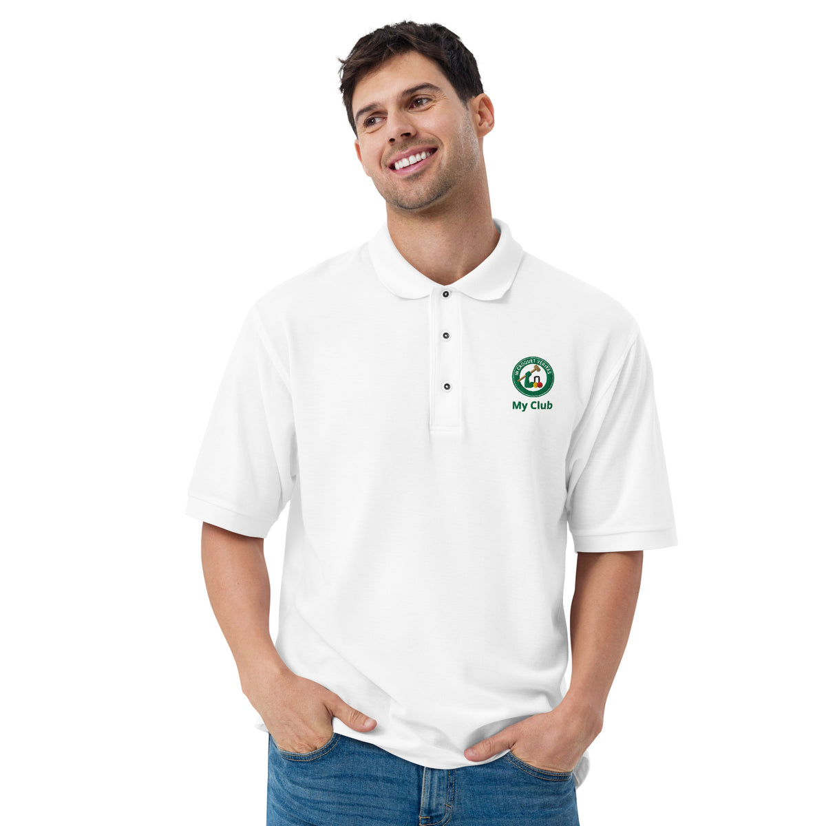 Man wearing a white polo shirt with a croquet mallet and arm logo 