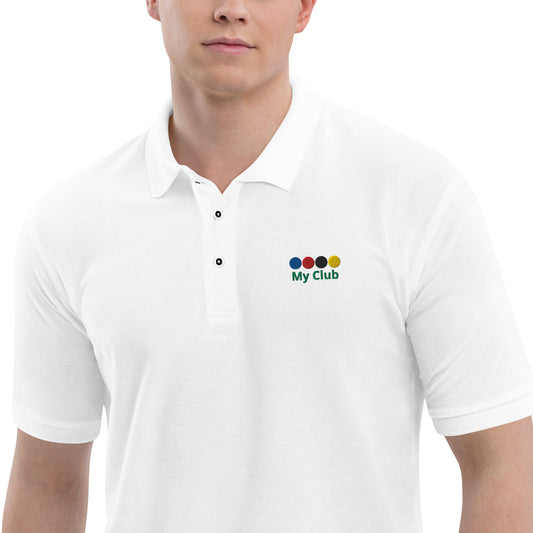 a man in a white collared three button polo shirt wth a logo of 4 croquet balls on the left chest