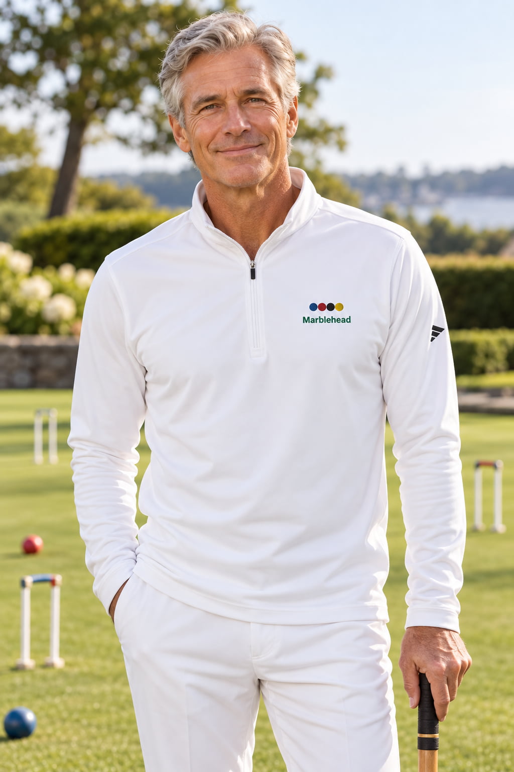 A man wearing a white long-sleeve  Adidas quarter-zip pullover with a 4 croquet ball logo on the left chest 