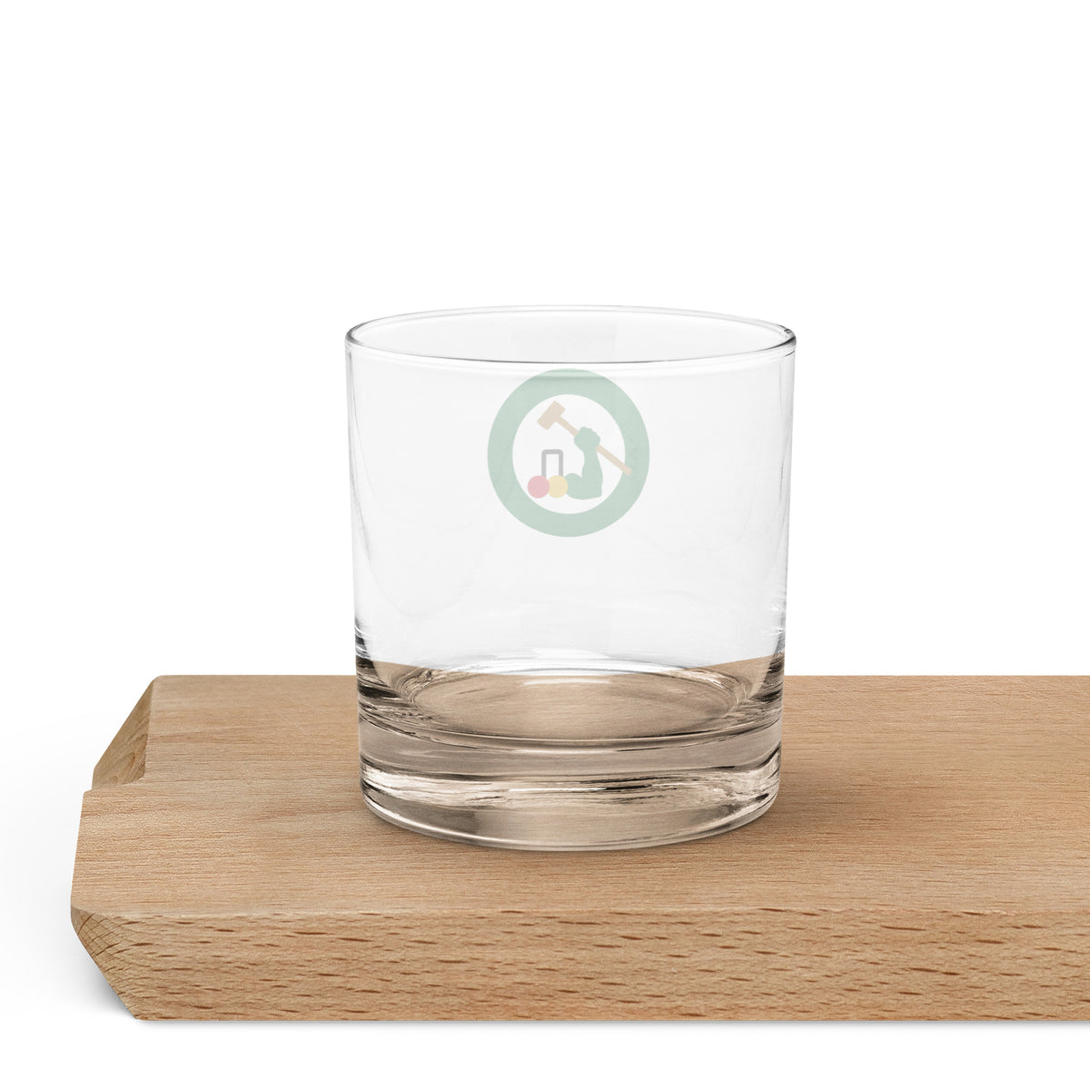 rocks glass with croquet logo