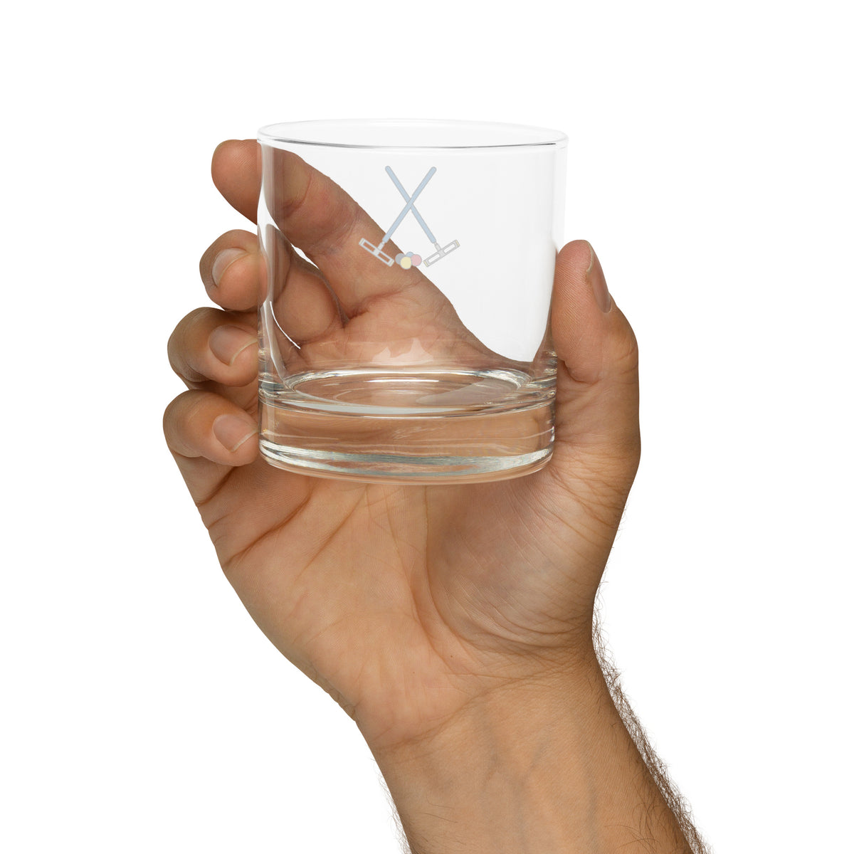 rocks glass  with croquet logo