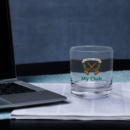 rocks glass with a croquet logo