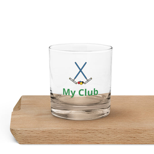 A rock highball glass with a crossed croquet mallets logo