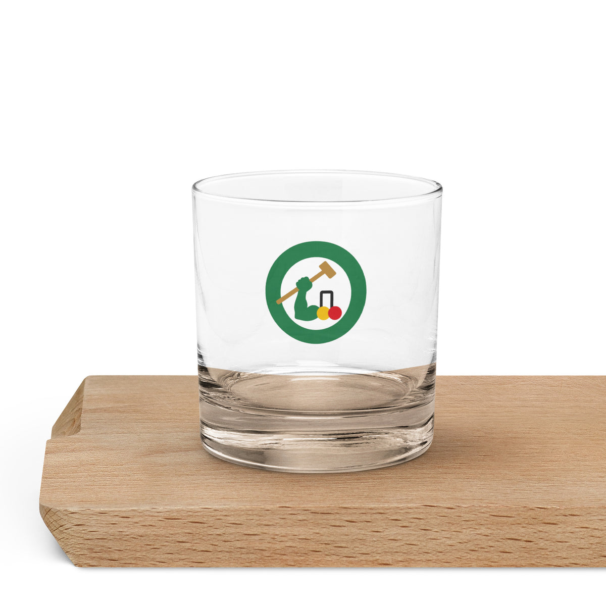 rocks glass with croquet logo