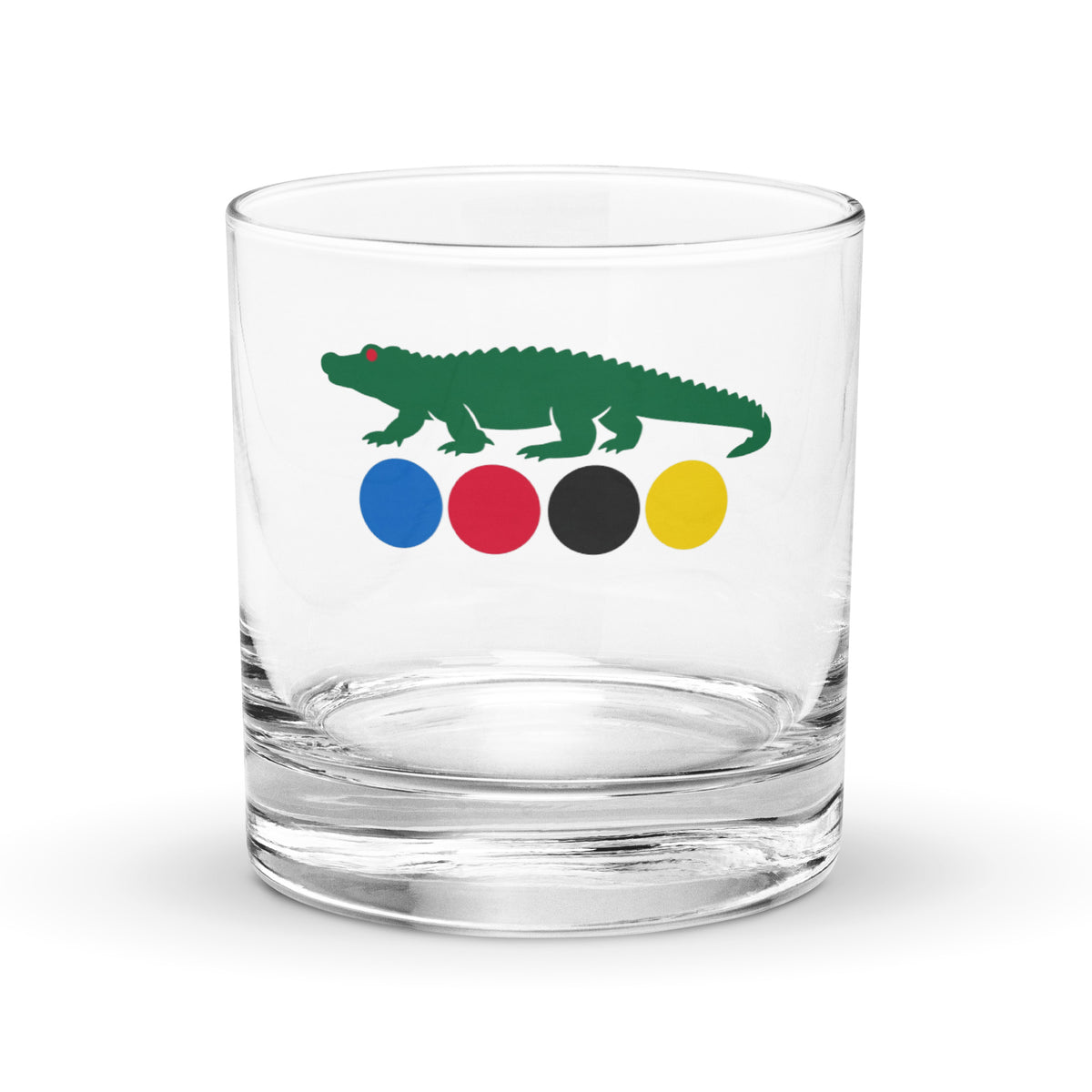 rocks glass with croquet logo