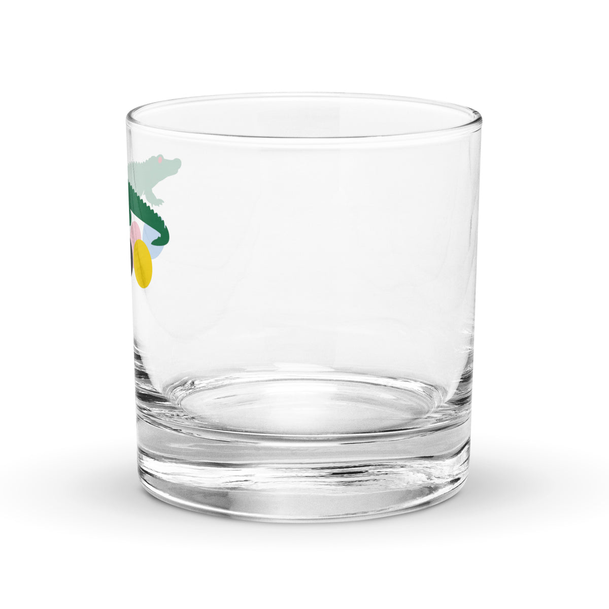 rocks glass with croquet logo

