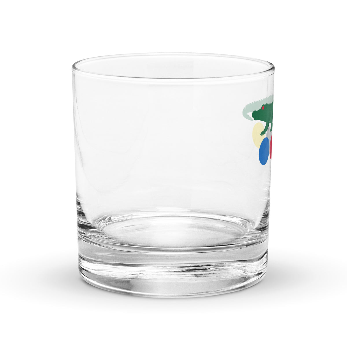 rocks glass with croquet logo