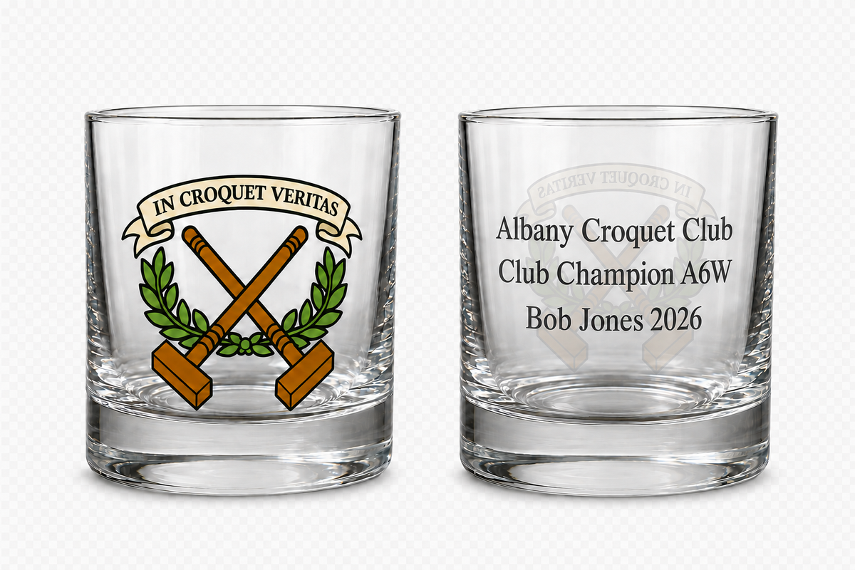 rocks glass with croquet logo