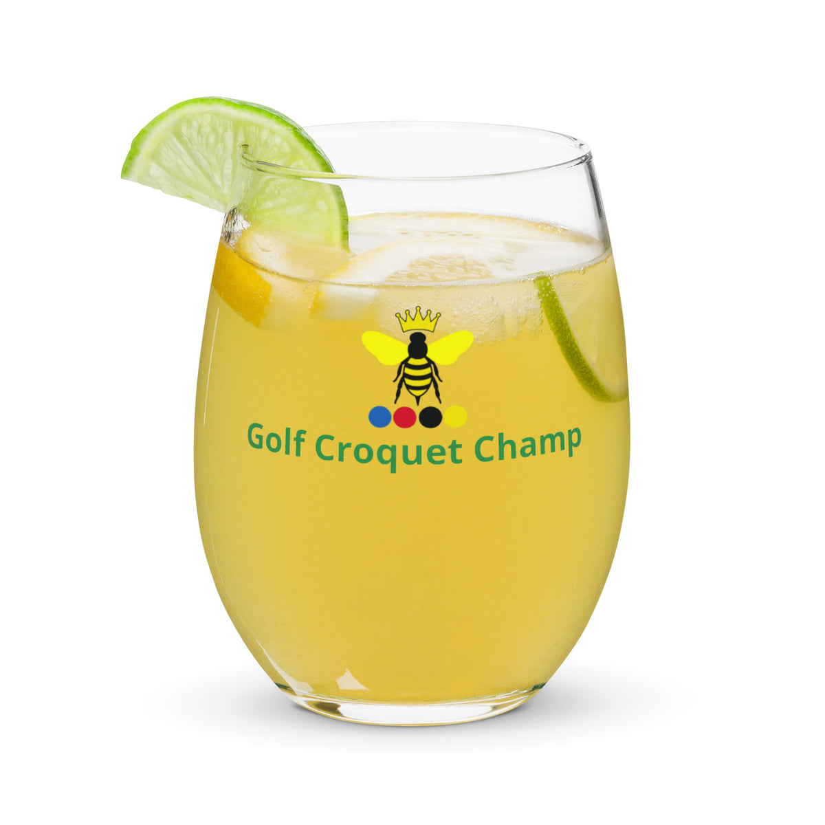 a stemless wine glass with a croquet themed logo of a queen bee of croquet
