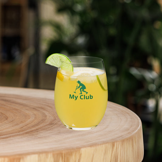 a stemless wine glass with a croquet themed logo of a women striking a ball