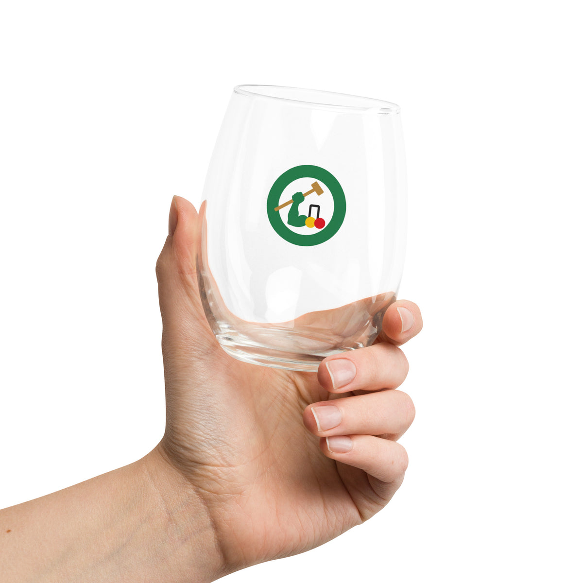 a stemless wine glass with the logo of an arm swinging a  croquet mallet