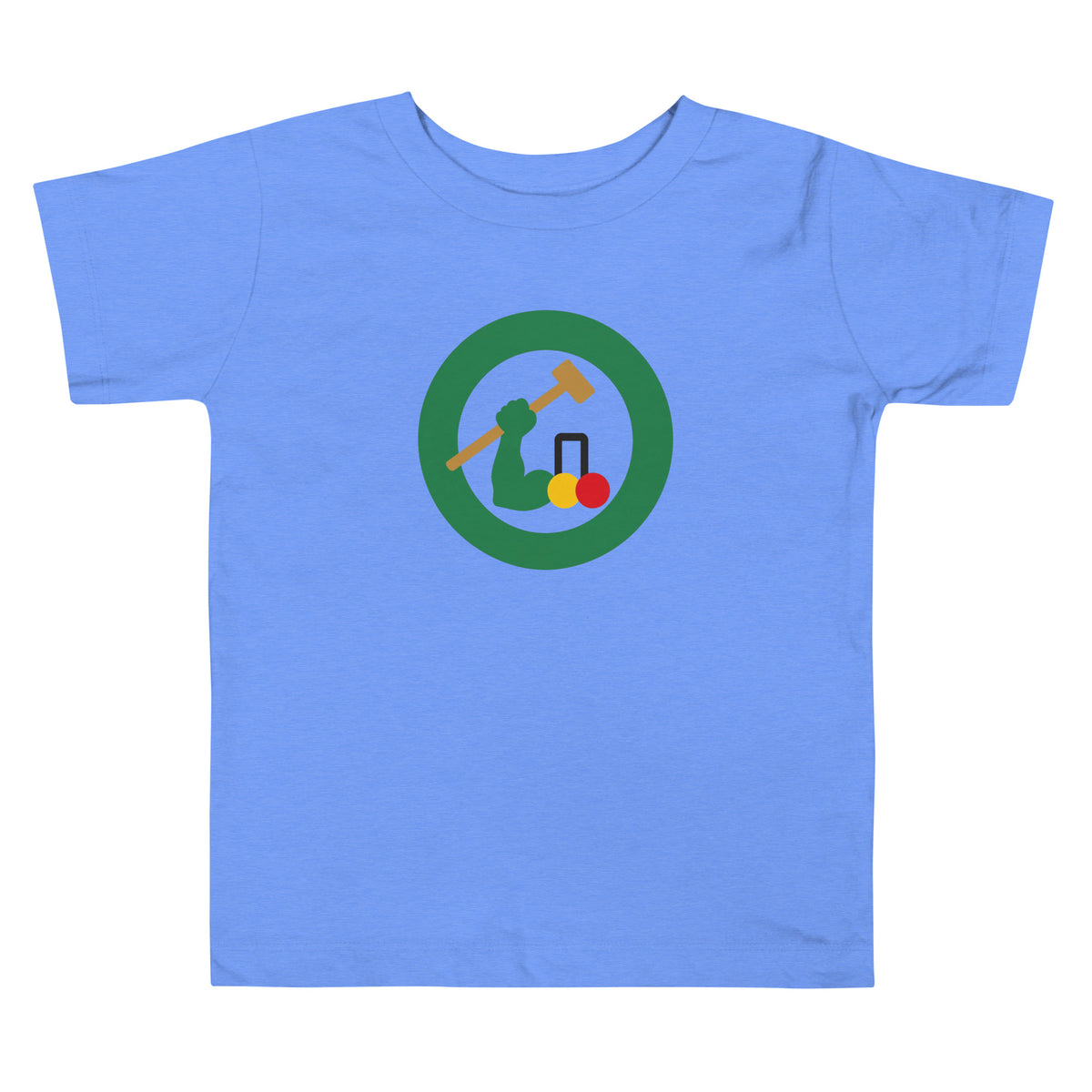 A light blue short-sleeve kids' t-shirt with a circular croquet graphic on the chest