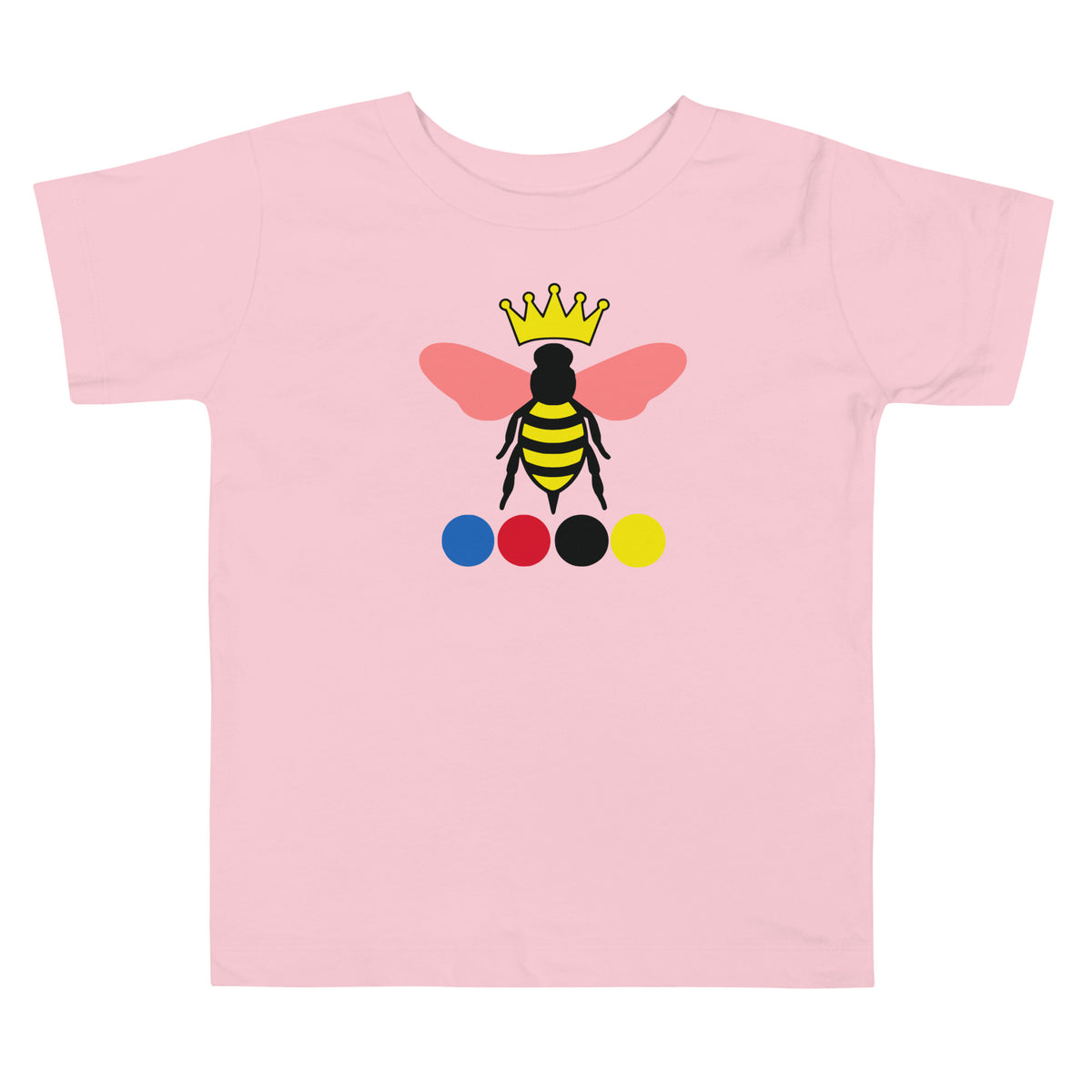 A light pink toddler's short-sleeve t-shirt with a graphic of a queen bee of croquet.