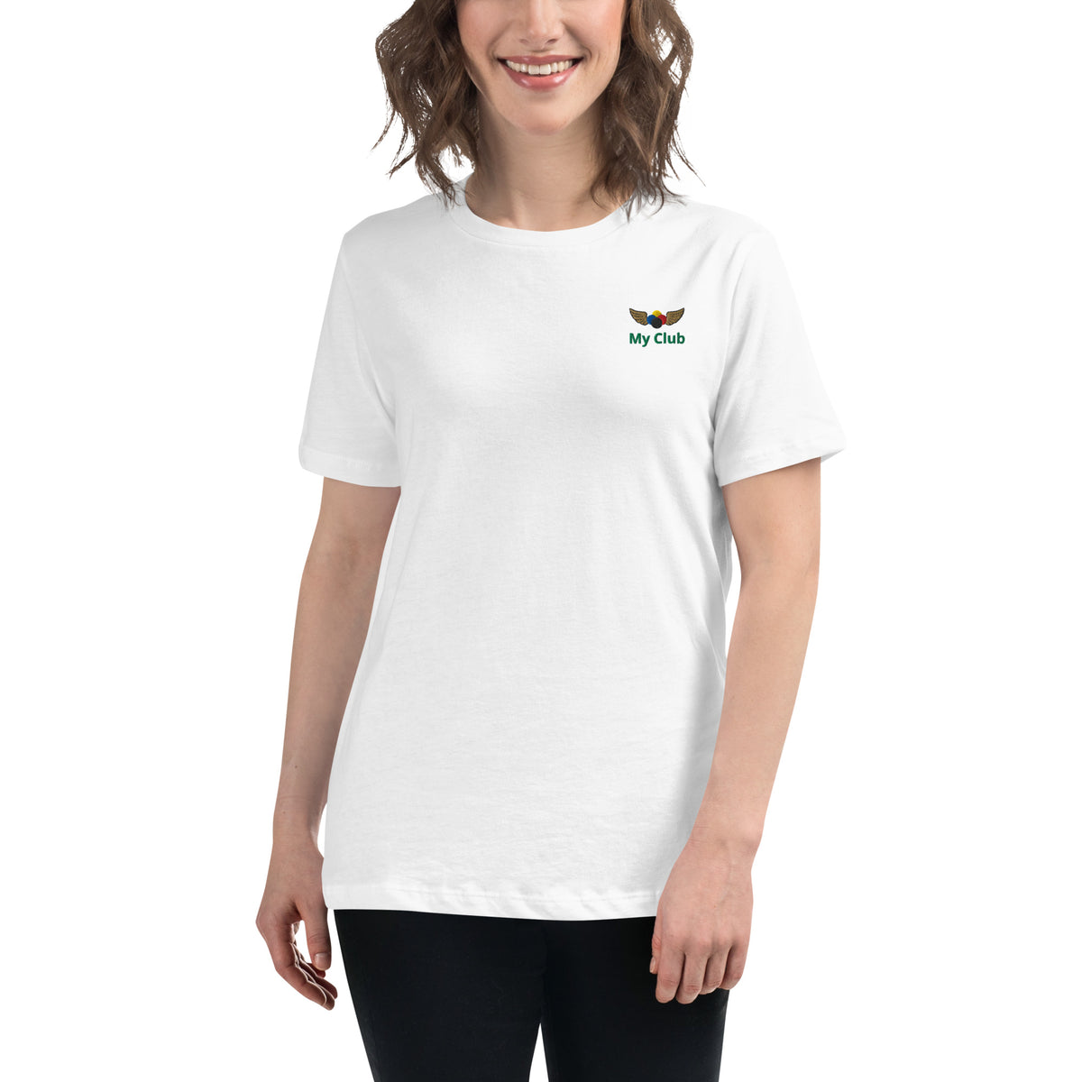 Woman wearing a relaxed fit white t-shirt with a winged croquet ball logo