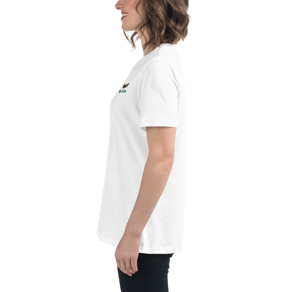 woman in a white t-shirt with a croquet logo