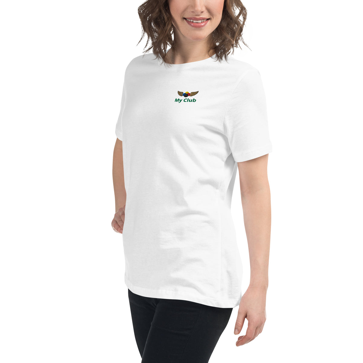 woman in a white t-shirt with a croquet logo