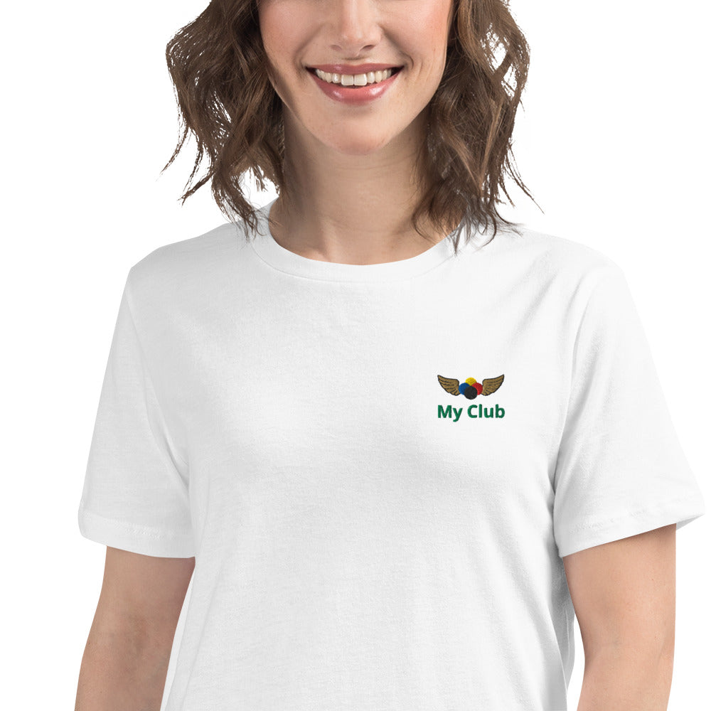 Woman wearing a relaxed fit white t-shirt with a winged croquet ball logo